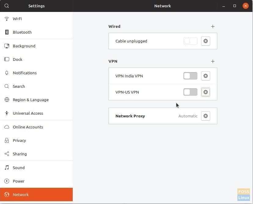 Network Connections showing configured VPN connections in Ubuntu 18.04