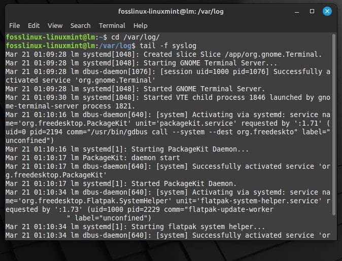 Viewing the contents of syslog file with tail