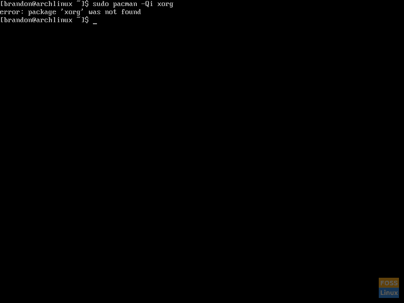 Screenshot of using Pacman to check if Xorg is installed