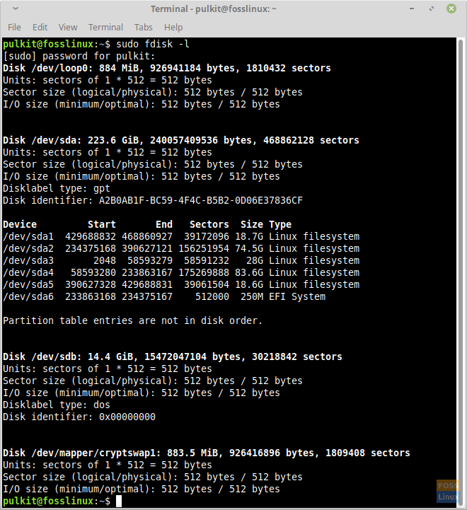 fdisk -l on Linux Mint