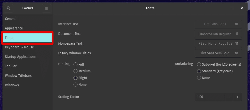 Fonts tab in GNOME Tweaks tool