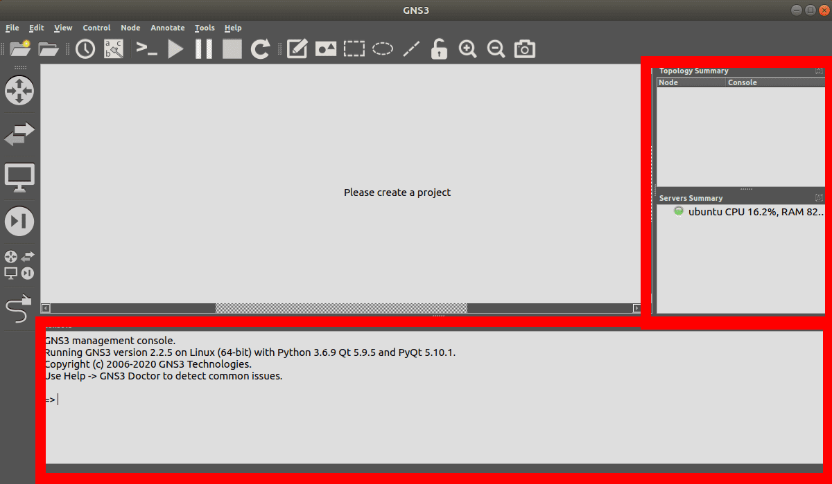 GNS3 GUI Window - Topology, Servers and Console panels