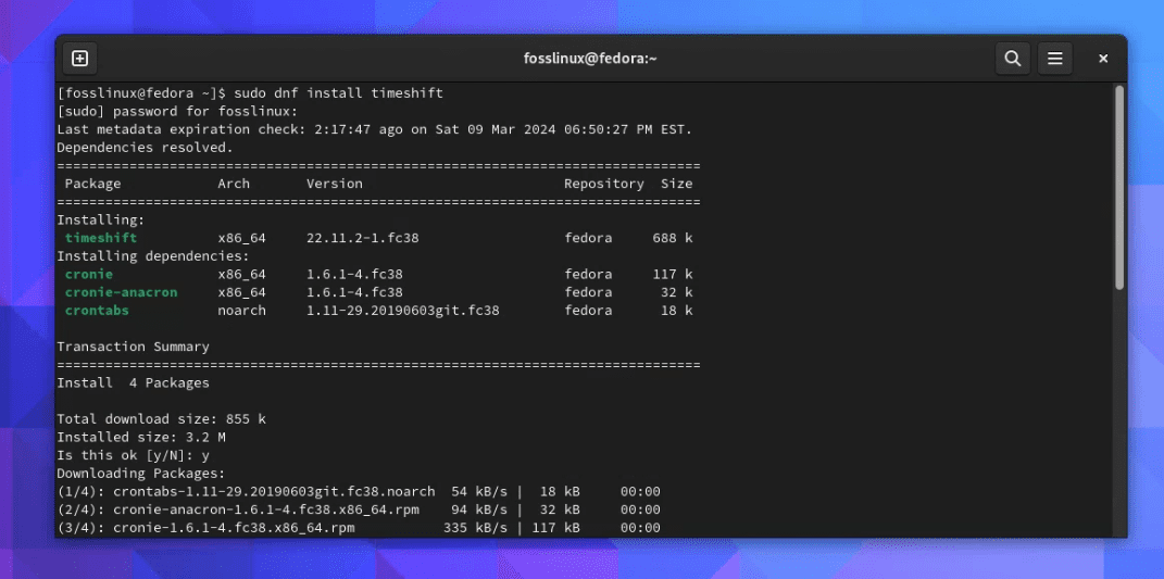 installing timeshift on fedora 38