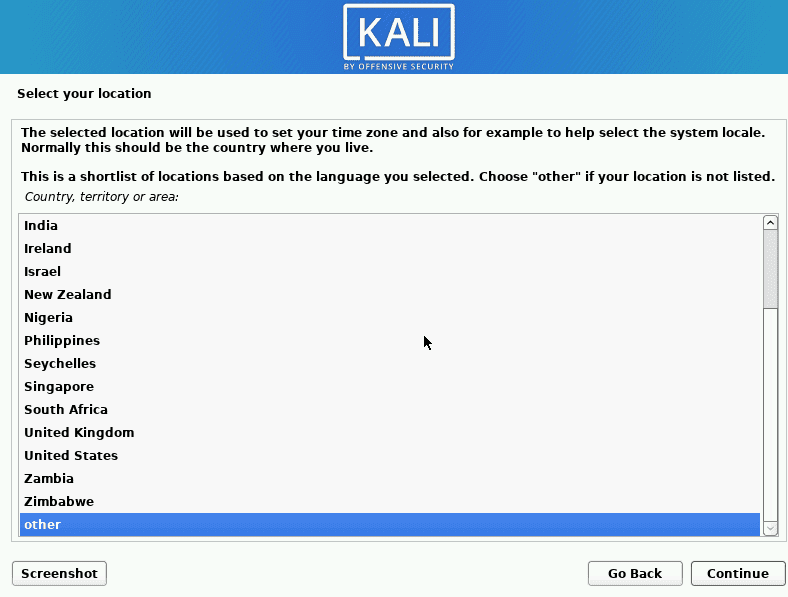 kali linux select location