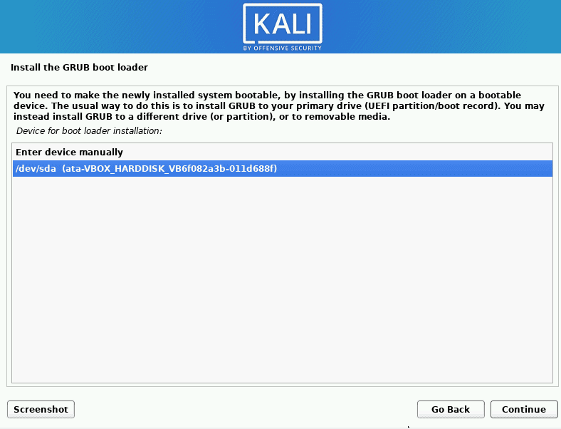 kali linux select the device for bootloader installation