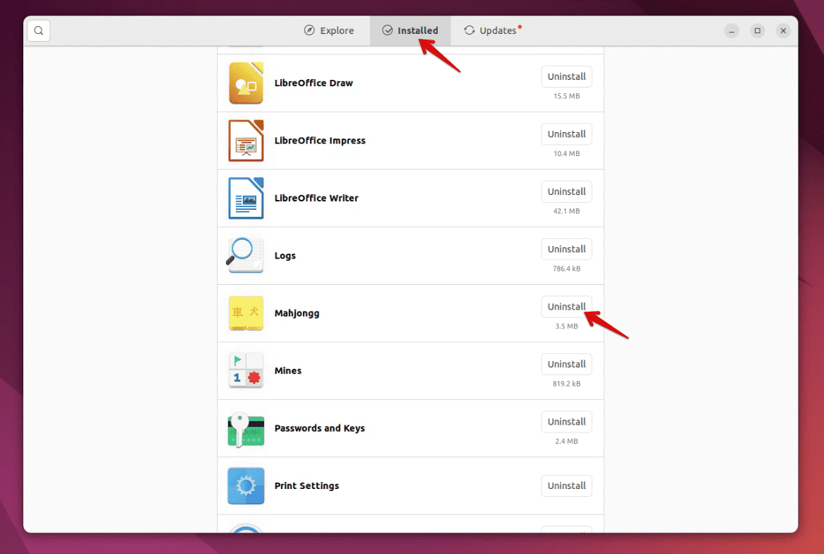 managing installed apps in ubuntu software