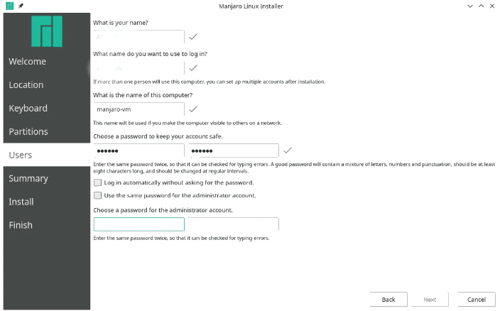 Manjaro Architect User Account Setup