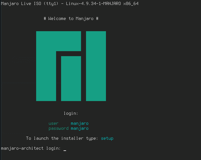 Manjaro CLI Default Login Screen