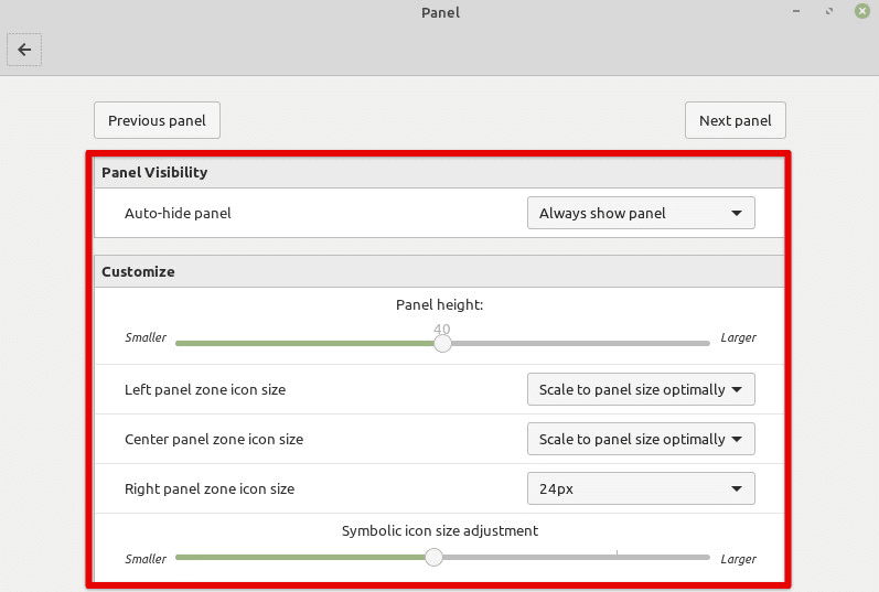 Panel settings