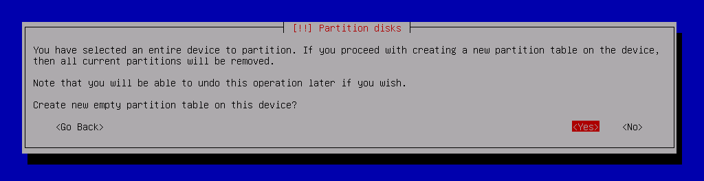partition disks select yes