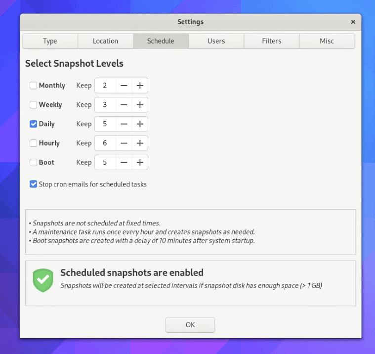 scheduling options in timeshift