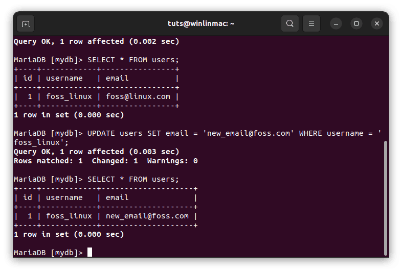 update data in the users table