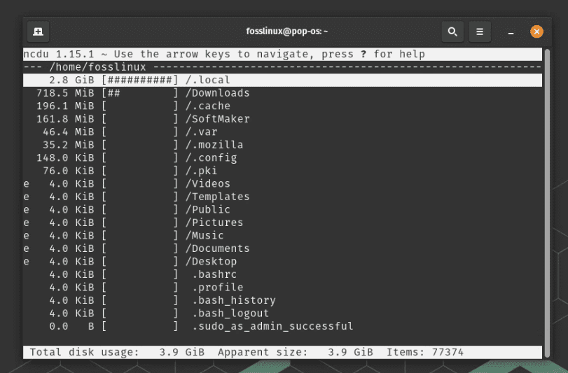 using ncdu on pop! os