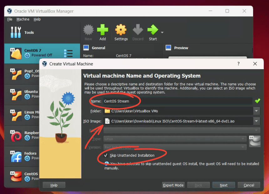 virtual machine settings name and iso image